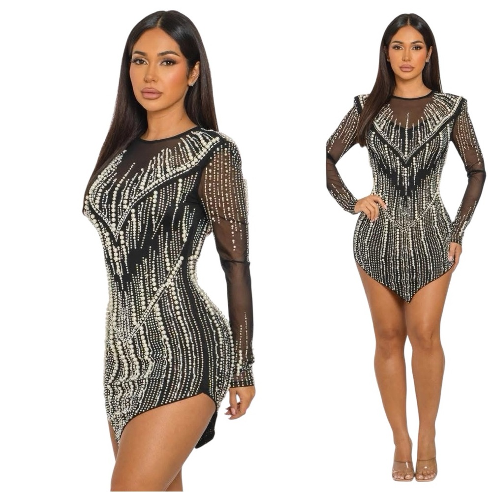 Valiant Paris Beaded Rhinestone Embellished Mesh Black Long Sleeve Dress Large